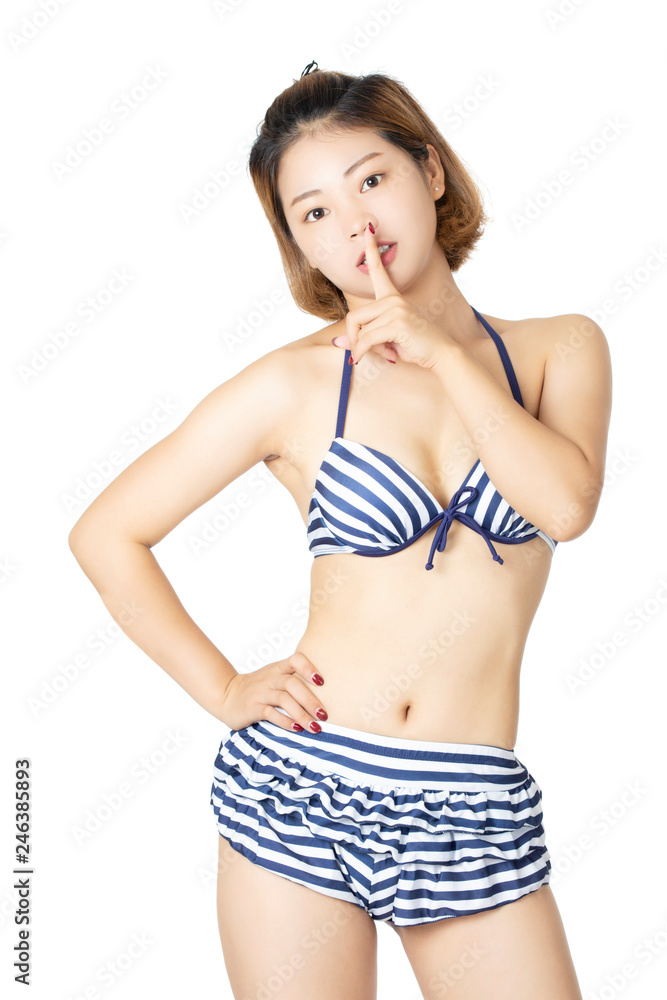 Beautiful Chinese woman wearing a sexy bikini on white background Stock  Photo | Adobe Stock