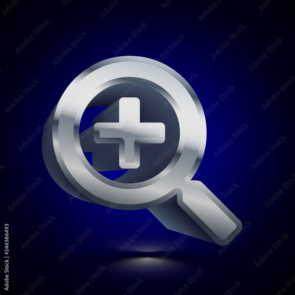 3D stylized Zoom In icon. Silver vector icon. Isolated symbol illustration on dark background. 3D stylized Zoom In icon. Silver vector icon. Isolated symbol illustration on dark background.