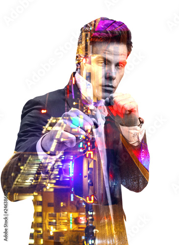 Double exposure effect of office man in fighting pose and panoramic modern city skyline. Business concept, connection technology