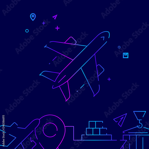 Fototapeta Naklejka Na Ścianę i Meble -  Airplane Vector Line Icon, Symbol, Pictogram, Sign on a Dark Blue Background. Related Bottom Border