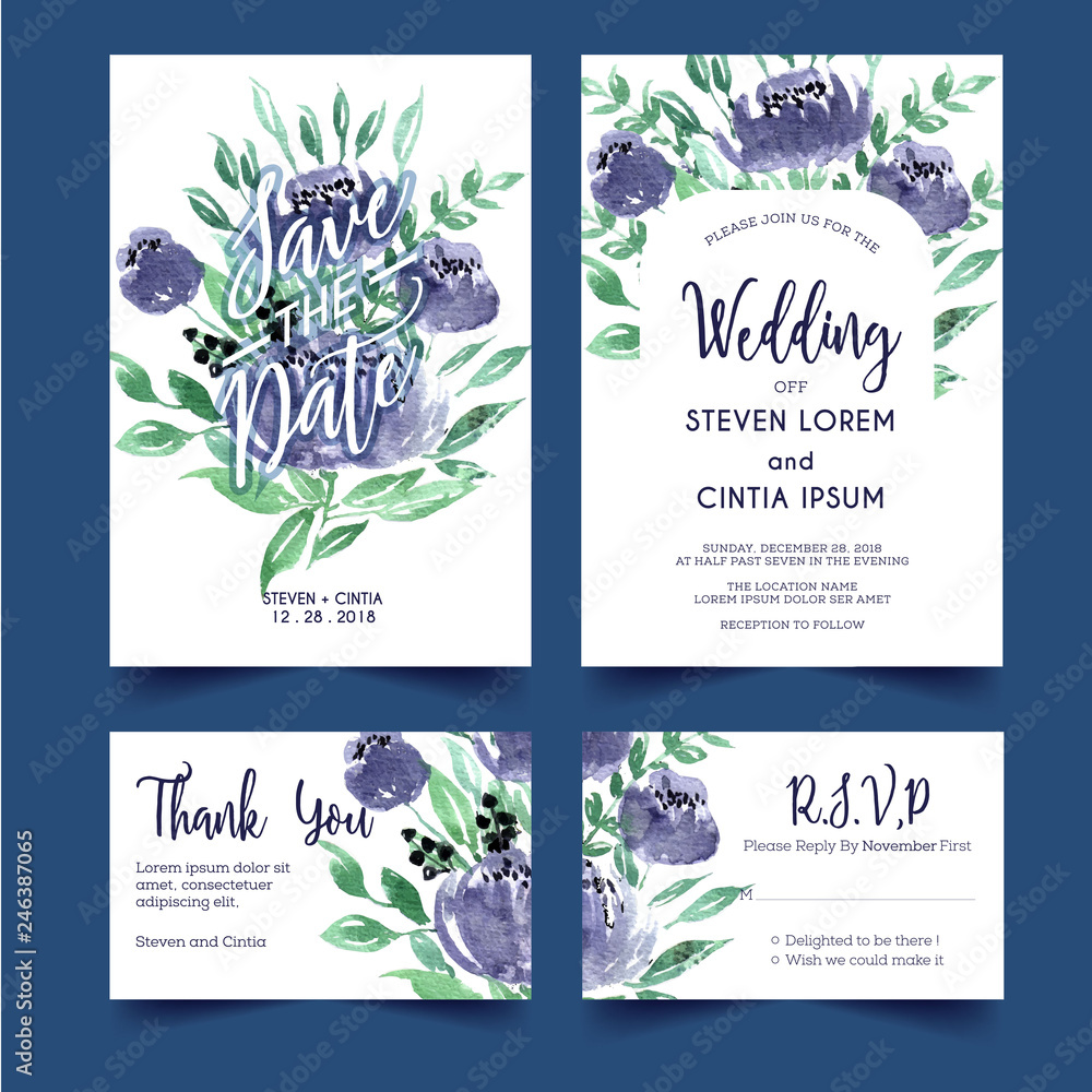 bouquet of purple watercolor flowers wedding invitations