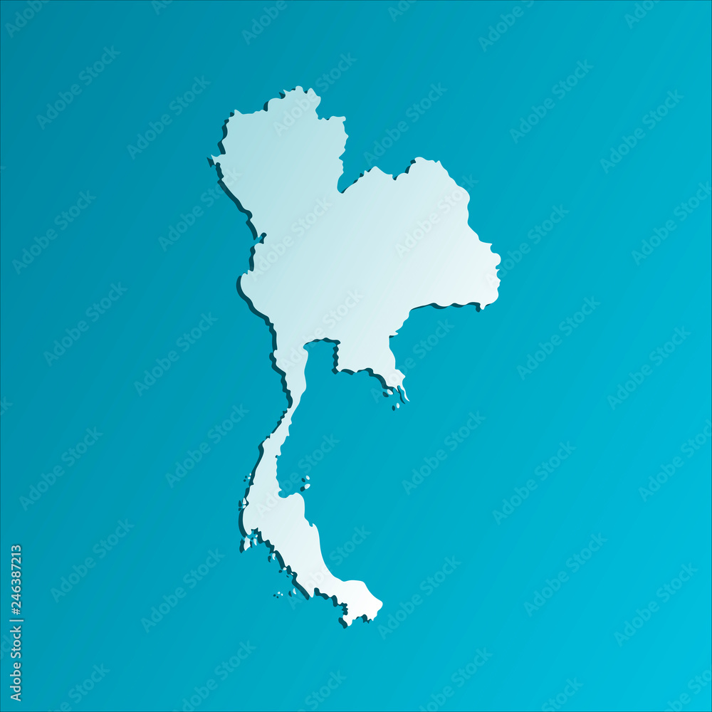 Simplified map of Thailand. Vector isolated illustration icon with light blue silhouette. Bright blue background with shadow