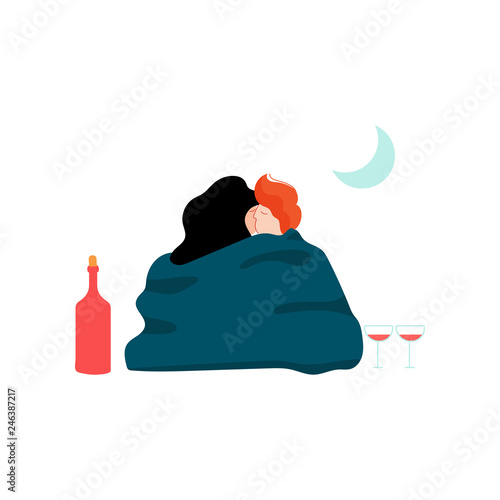 Young Man and Woman Wrapped in Blanket Embracing Each Other at Night Picnic, Romantic Couple, Happy Lovers on Date Vector Illustration