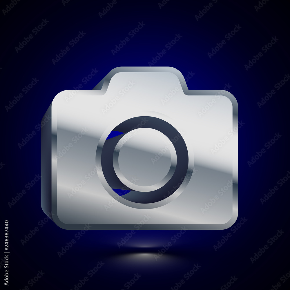 3D stylized Photo Camera icon. Silver vector icon. Isolated symbol illustration on dark background. 3D stylized Photo Camera icon. Silver vector icon. Isolated symbol illustration on dark background.