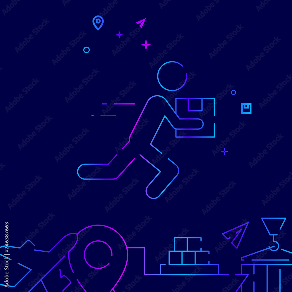 Courier Flat Vector Line Icon, Symbol, Pictogram, Sign on a Dark Blue Background. Related Bottom Border
