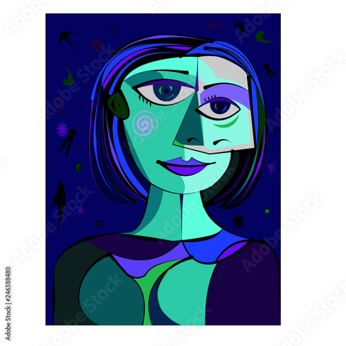 Colorful abstract background, cubism art style,blue woman portrait