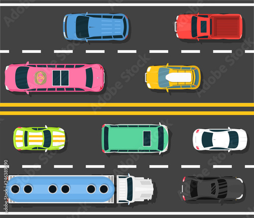 Car road topview vector illustration. Choosing the best car for transportation banner, poster, brochure, flyer. Different vehicles riding. Heavy traffic in city. Two-sided road.
