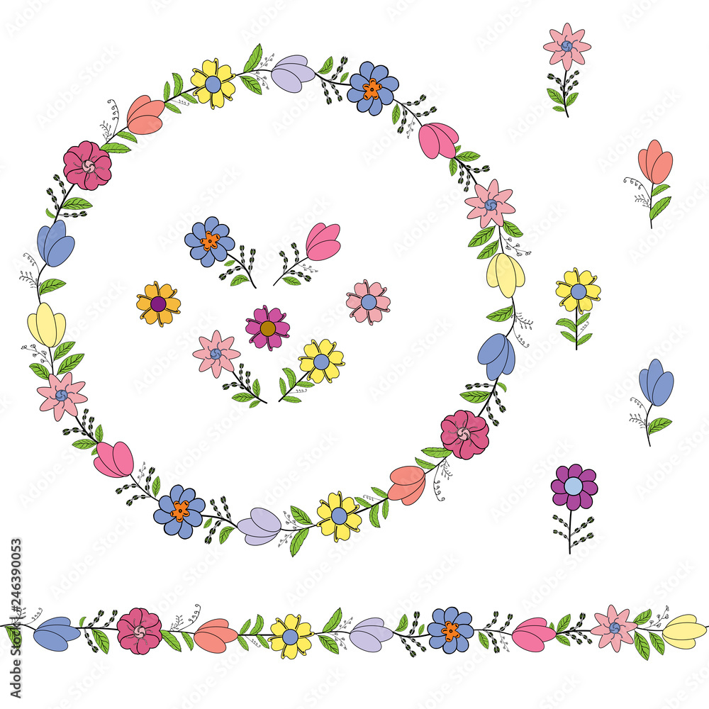 Colorful wreath from different spring flowers. Endless horizontal brush. Seamless horizontal border.