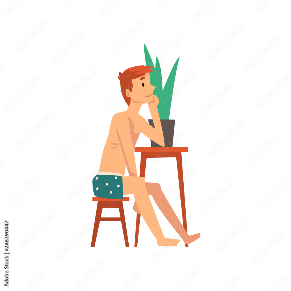 Fototapeta premium Young Man Sitting at Small Table and Dreaming, Guy Spending Weekend at Home and Relaxing, Rest at Home Vector Illustration