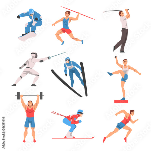Male Athlete Character in Sports Uniform set, Golf Player, Snowboarder, Javelin Thrower, Fencer, Shot Putter, Weightlifter, Skier Vector Illustration