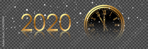 Black and golden shiny 2020 New Year web banner. Card with snow, reflection and blurred round clock the chimes Kremlin Spasskaya Tower dark background. Isolated vector illustration for website