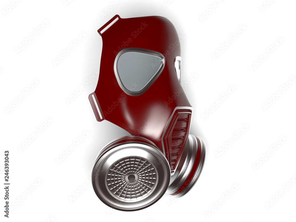 Gas mask. Modern dark red respirator with metal filters. Side view. 3d rendering illustration Gas mask. Modern dark red respirator with metal filters. Side view. 3d rendering illustration