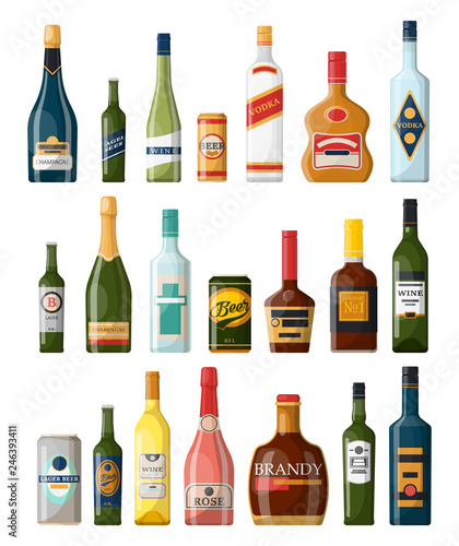 Set of isolated alcohol or booze bottles. Beverage
