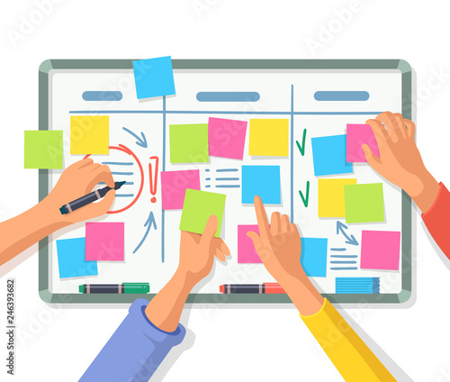 Board with empty stickers or notes, people hands