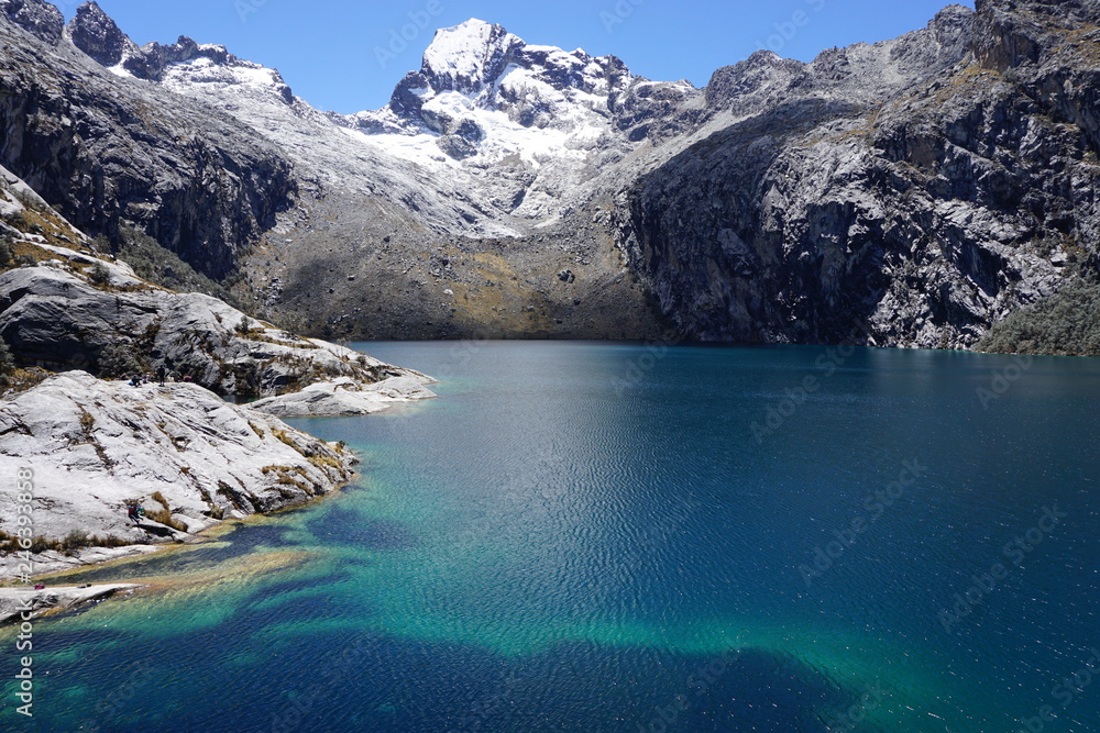 Blue glacial lake in the Cordillera Blanca, Andes Mountains, Peru Blue glacial lake in the Cordillera Blanca, Andes Mountains, Peru