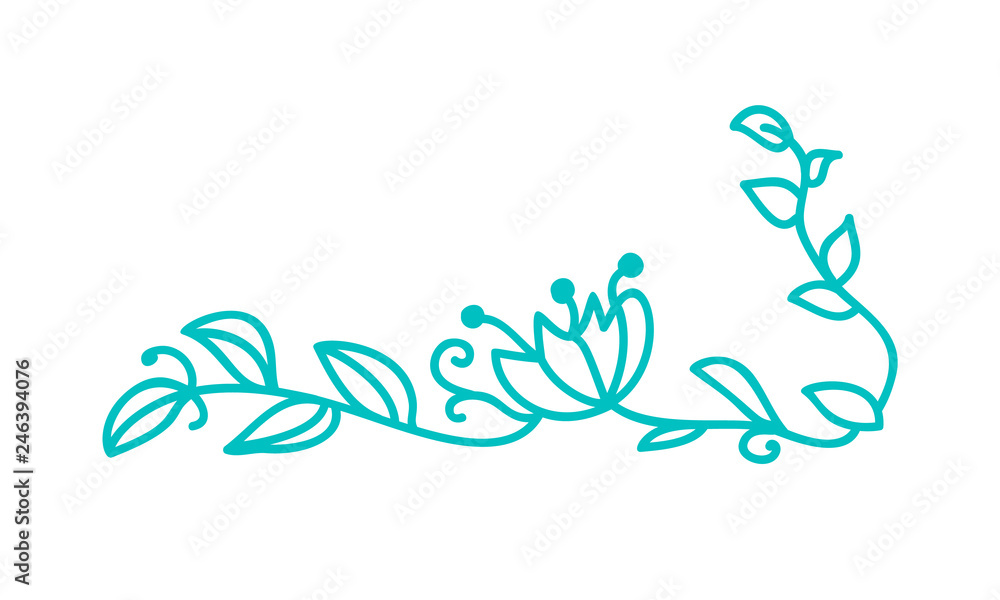 Turquoise monoline scandinavian folk flourish vector with leaves and flowers. Corners and dividers for Valentines Day, wedding, birthday greeting card Turquoise monoline scandinavian folk flourish vector with leaves and flowers. Corners and dividers for Valentines Day, wedding, birthday greeting card