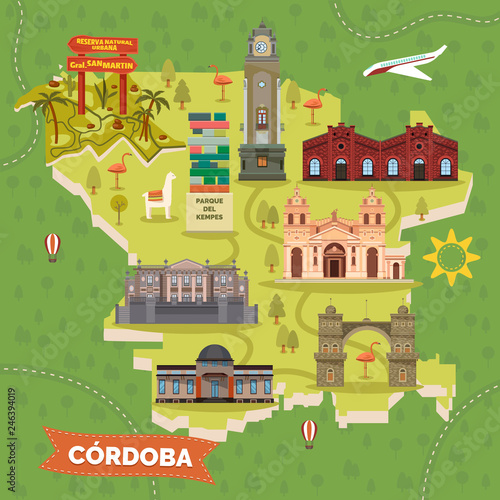 Fototapeta Naklejka Na Ścianę i Meble -  Argentina Cordoba map with sightseeing landmarks