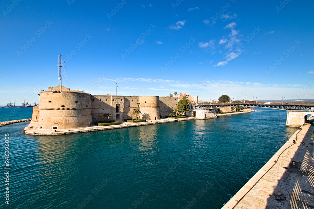 Aragonese Castle of Taranto and revolving bridge on the waterway, Puglia, Italy
