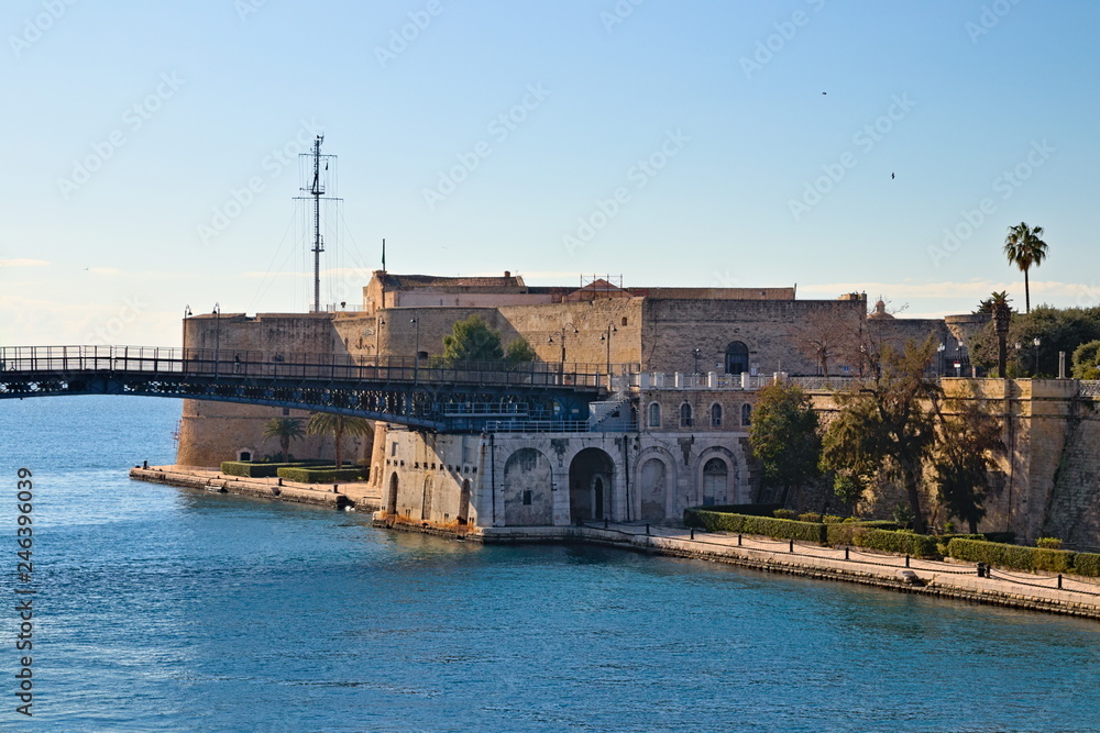 Aragonese Castle of Taranto and revolving bridge on the waterway, Puglia, Italy