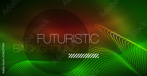 Abstract shiny glowinng color wave design element on dark background - science or technology concept