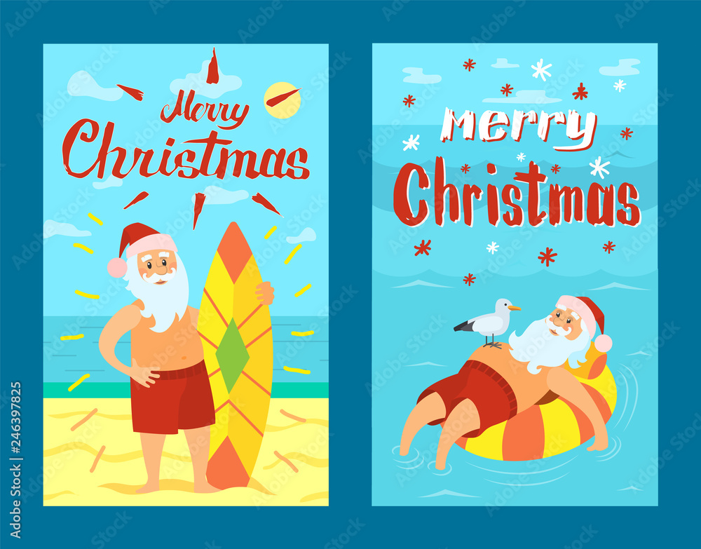 Fototapeta premium Merry Christmas Santa Claus and surfing board, Xmas character on summer rest. Vector Saint Nicholas surfer in tropical country, man on lifebuoy, vector