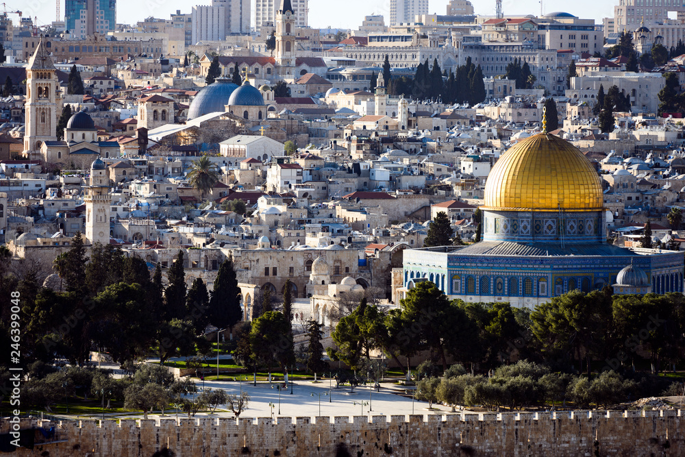 Stunning view of the beautiful Dome of the Rock seen from the Mount of Olives in Jerusalem. The Dome of the Rock is an Islamic shrine located on the Temple Mount in the Old City of Jerusalem.