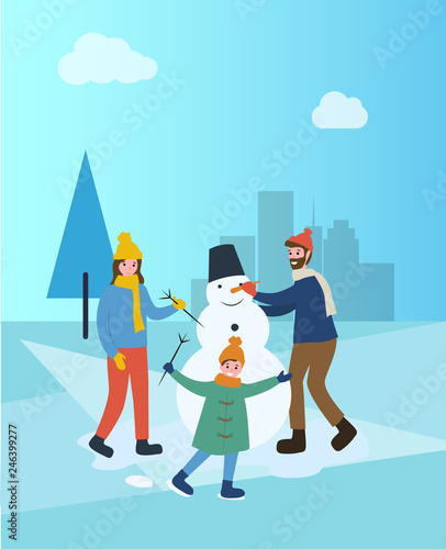 Family building snowman in winter city town park vector. People spending time outdoors, pine and snow, sculpting of snowballs bucket and carrot nose
