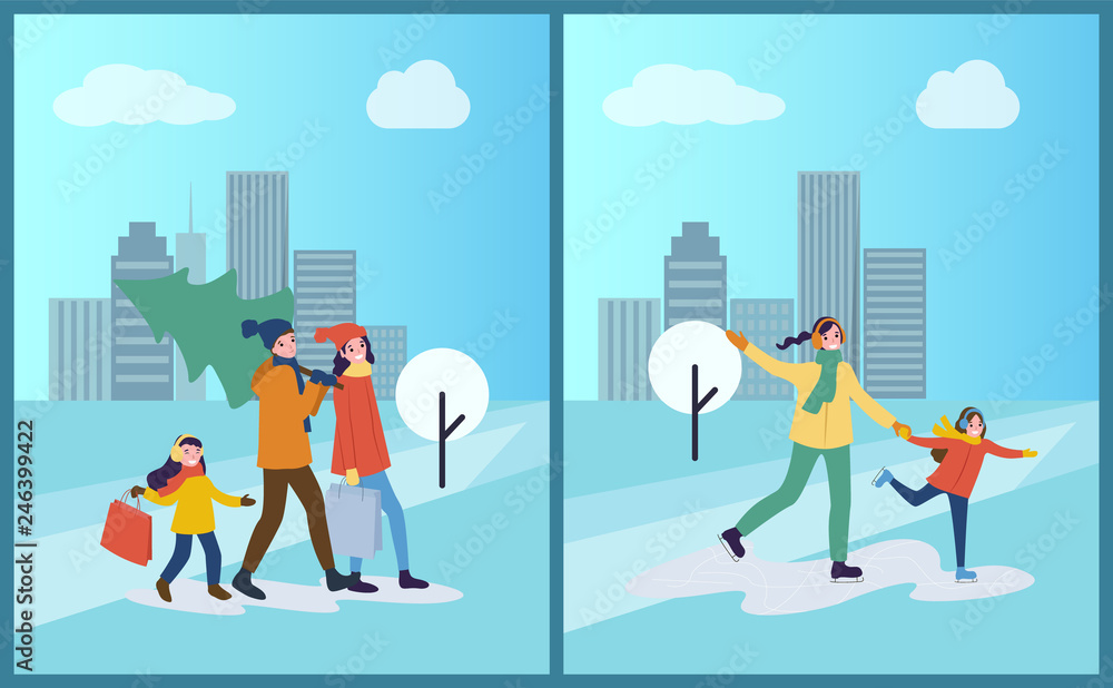 Ice skating of mother and daughter, winter activity vector. Family day, preparation for Christmas holiday, father carrying pine tree bought on market