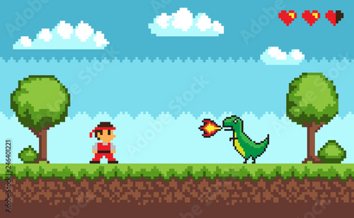 Standing man near tree and bush on grass near big dragon with fire. Colorful level of pixel game on outdoor with symbols hearts and clouds vector