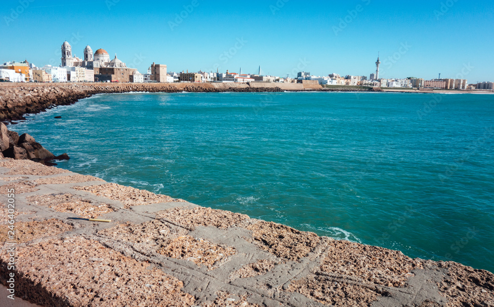 Panoramic view of Cadiz from the seafront promenade. Andalusia, Spain.