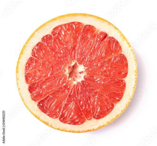 A slice of ripe fresh grapefruit. Top view. Cut out.