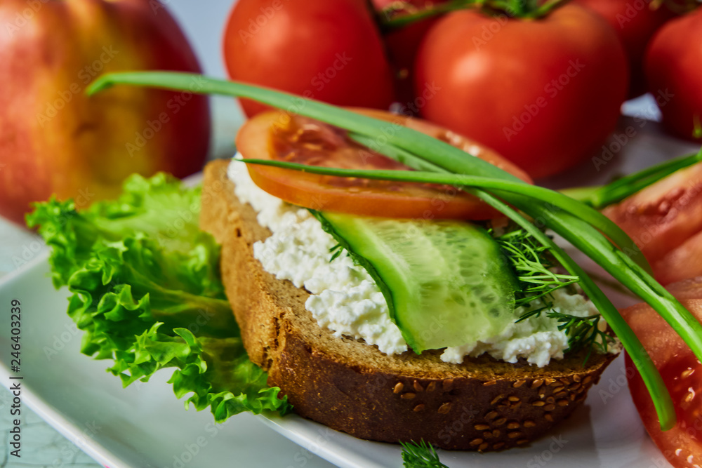 sandwich with cheese and sliced tomato cucumbers, lying on a white plate, decorated with green onions, standing on the old wooden table sandwich with cheese and sliced tomato cucumbers, lying on a white plate, decorated with green onions, standing on the old wooden table