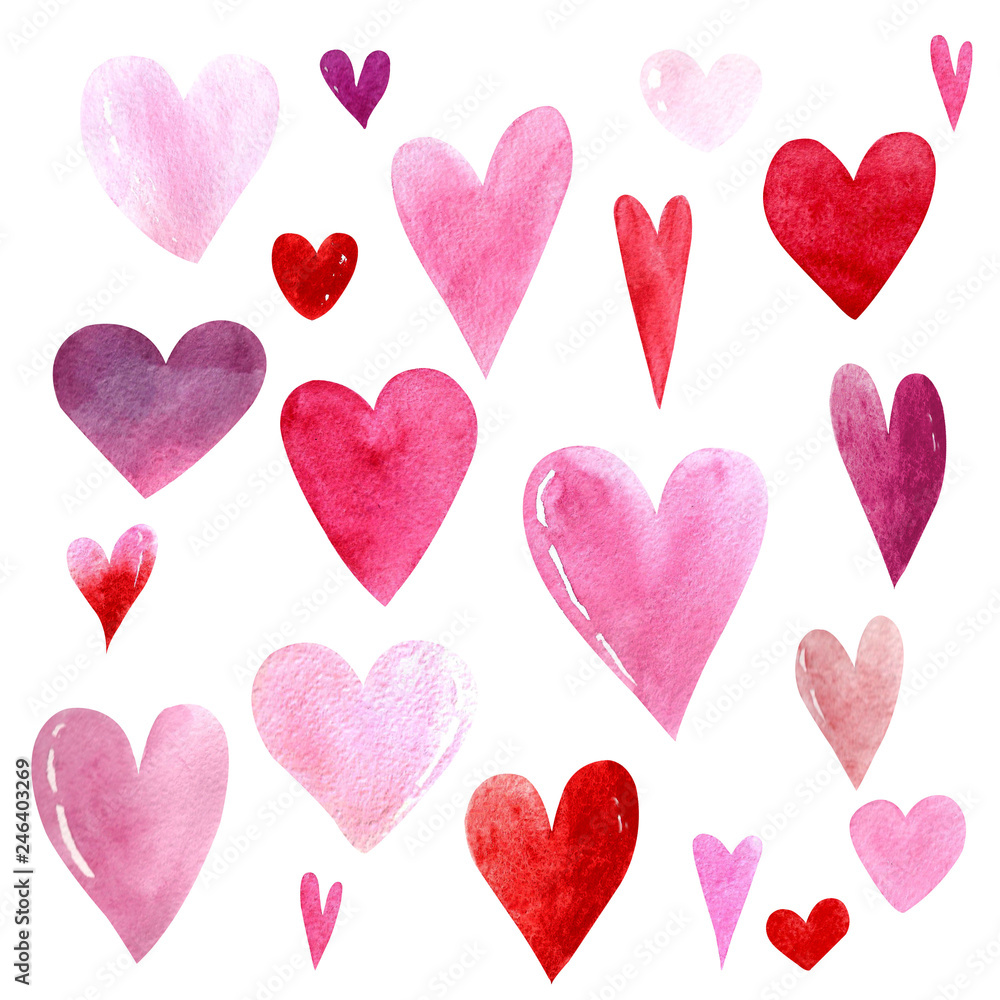 Set of watercolor hearts on white background. Hand draw