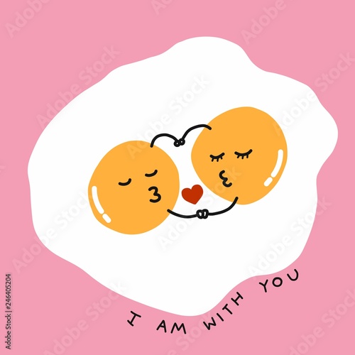 Obraz na plátně Fired eggs hug and kiss and I am with you word cartoon vector illustration on pi