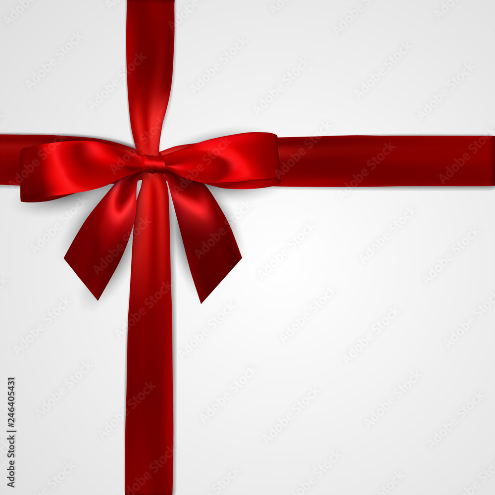 Realistic red bow with crosswise red ribbons isolated on white. Element for decoration gifts, greetings, holidays. Vector illustration Realistic red bow with crosswise red ribbons isolated on white. Element for decoration gifts, greetings, holidays. Vector illustration