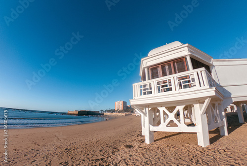 La Caleta beach with the spa, currently the headquarters of the Underwater Archeology Center of Andalusia. Cádiz, Spain. photo