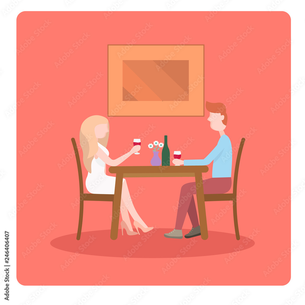Illustration with romantic dinner. Dating. Man and woman sitting at the table. Vector illustration in flat style. Couple on a romantic date. Young man and woman.