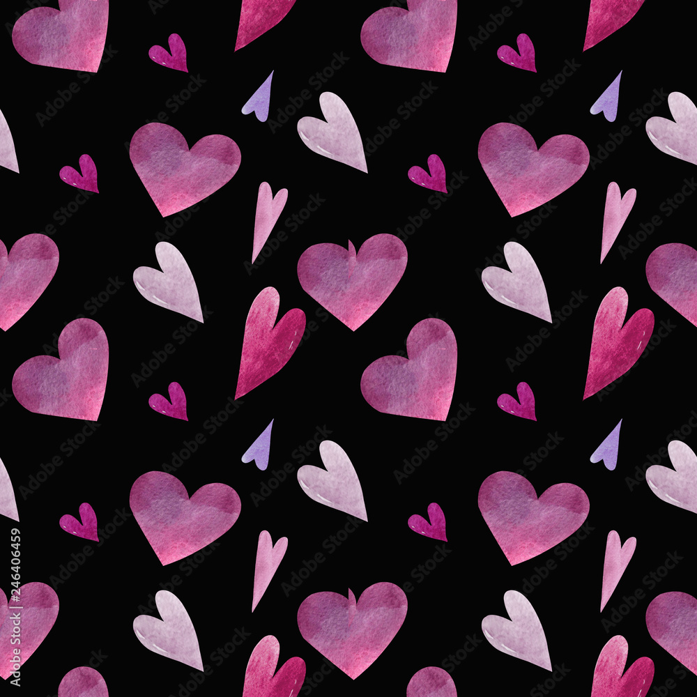 Seamless pattern with hearts on black background Watercolor illustration