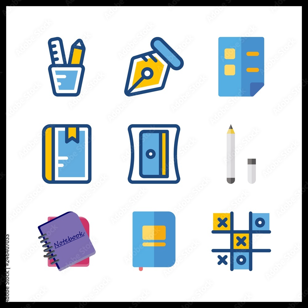 9 pencil icon. Vector illustration pencil set. notebooks and pencil case icons for pencil works 9 pencil icon. Vector illustration pencil set. notebooks and pencil case icons for pencil works