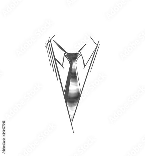 Tie Logo. Gray Strokes and lines Necktie Icon. Part of men's clothing in business style. Sketch symbol in a simple style for illustrations, web, business cards, invitations, app. Isolated Vector