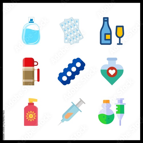 9 bottle icon. Vector illustration bottle set. perfume and pill icons for bottle works
