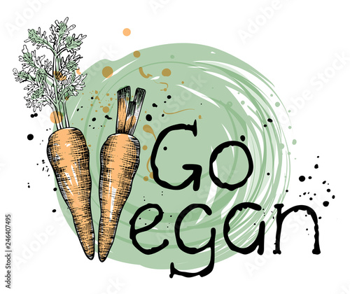 Go vegan hand written text with carrots, vector