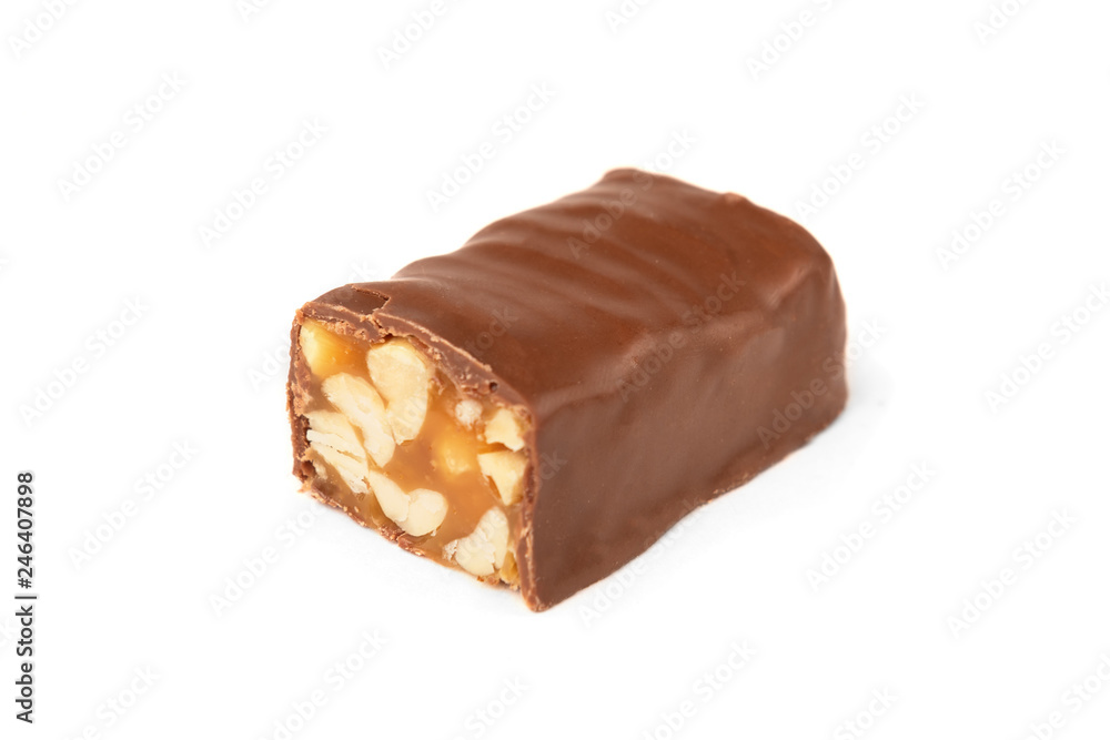 Chocolate bar with caramel and peanut isolated on white background. Chocolate bar with caramel and peanut isolated on white background.