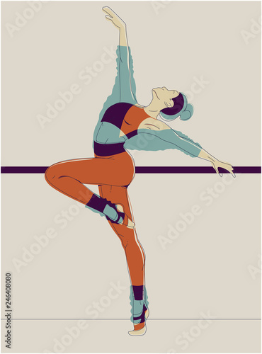 Slim sportive young woman doing fitness and yoga exercises. Interest sportswear. Vector glitch overlay illustration design for t-shirt graphics, icons, posters, print and and other uses