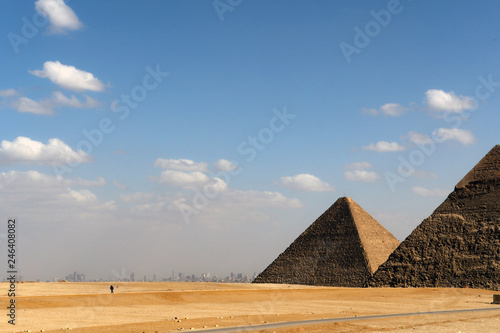 Giza City, Giza / Egypt - January 2015: The Pyramids at Giza with the Cairo skyline in the distance