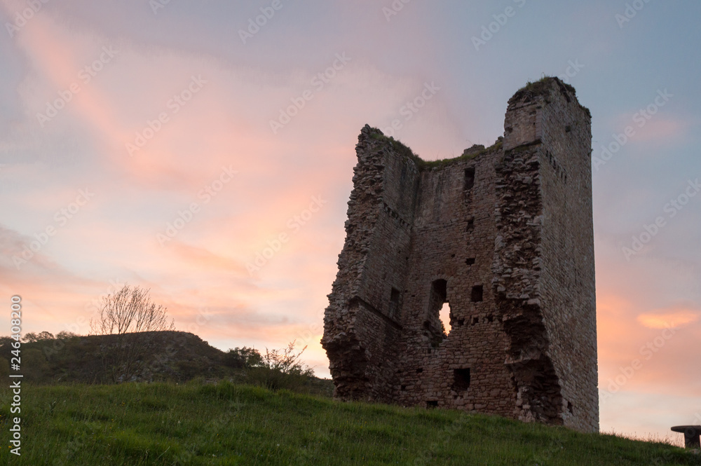 Popular tourist attraction site: Ruins of a medieval tower castle of XII century. Asturias. Spain. Popular tourist attraction site: Ruins of a medieval tower castle of XII century. Asturias. Spain.