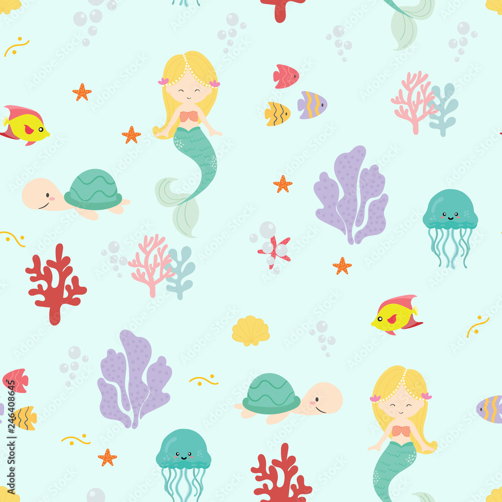 Cute mermaid seamless pattern background vector. Cute mermaid seamless pattern background vector.