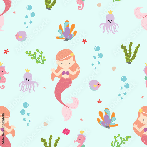 Cute mermaid seamless pattern background vector.