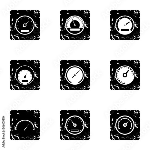 Types of speedometers icons set. Grunge illustration of 9 types of speedometers vector icons for web