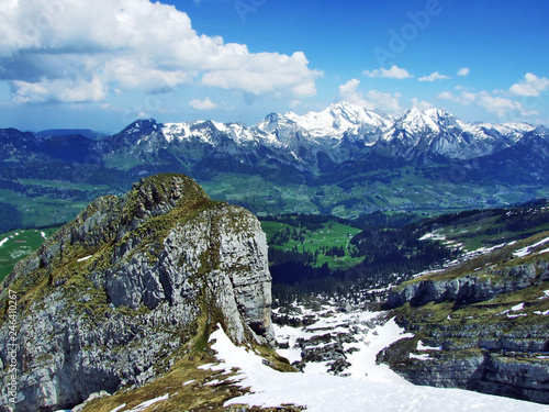 Panoramic views of the Alpine peak Zuestoll in the Churfirsten mountain range - Canton of St. Gallen, Switzerland photo